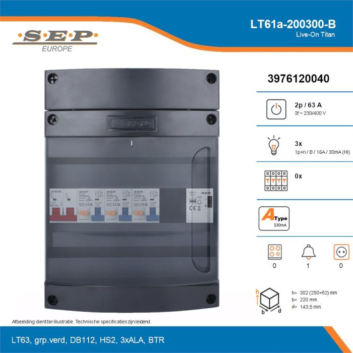 SEP Live-On Titan, LT61a-200300-B, 63A, 3-fase groepenkast, 3-lichtgroepen, 1-beltrafo, technische details
