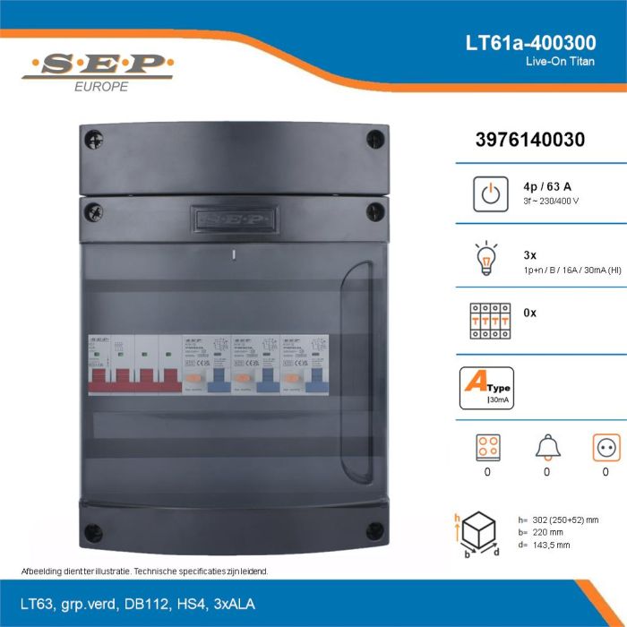 SEP Live-On Titan, LT61a-400300, 63A, 3-fase groepenkast, 3-lichtgroepen, technische details