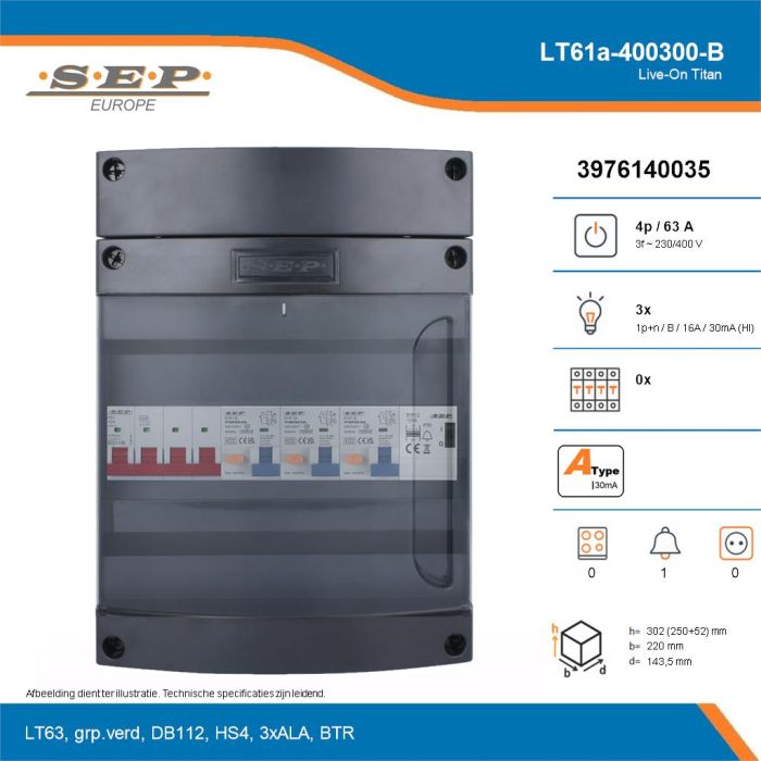 SEP Live-On Titan, LT61a-400300-B, 63A, 3-fase groepenkast, 3-lichtgroepen, 1-beltrafo, technische details