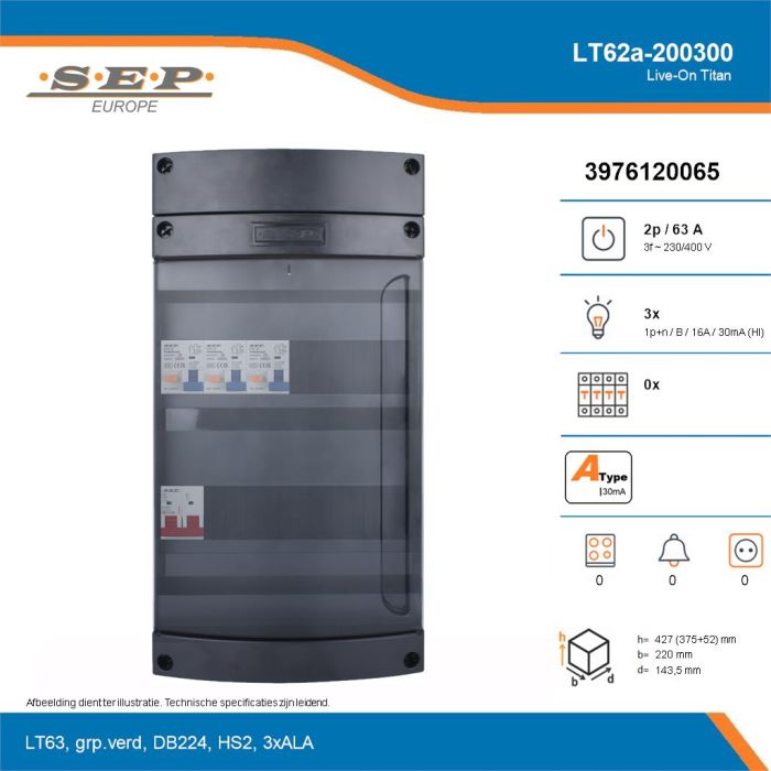 SEP Live-On Titan, LT62a-200300, 63A, 3-fase groepenkast, 3-lichtgroepen, technische details