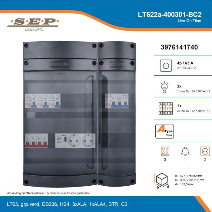 SEP Live-On Titan, LT622a-400301-BC2, 63A, 3-fase groepenkast, 3-lichtgroepen, 1-krachtgroepen, 1-beltrafo,  2V-contactdoos, technische details