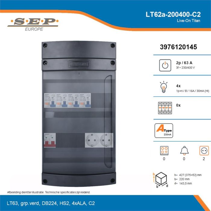 SEP Live-On Titan, LT62a-200400-C2, 63A, 3-fase groepenkast, 4-lichtgroepen,  2V-contactdoos, technische details