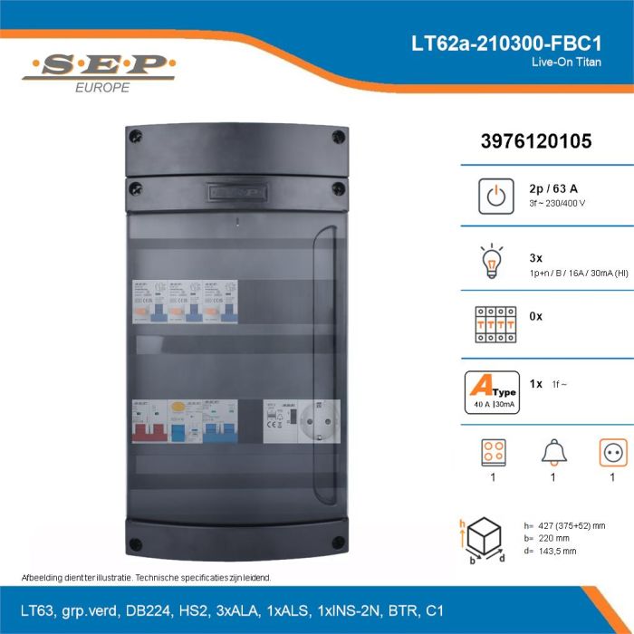 SEP Live-On Titan, LT62a-210300-FBC1, 63A, 3-fase groepenkast, 3-lichtgroepen, 1-fornuisgroep, 1-beltrafo,  1V-contactdoos, technische details