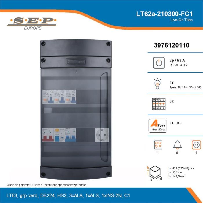 SEP Live-On Titan, LT62a-210300-FC1, 63A, 3-fase groepenkast, 3-lichtgroepen, 1-fornuisgroep,  1V-contactdoos, technische details