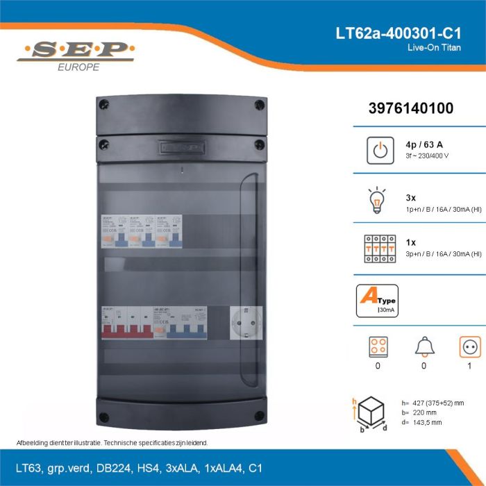SEP Live-On Titan, LT62a-400301-C1, 63A, 3-fase groepenkast, 3-lichtgroepen, 1-krachtgroepen,  1V-contactdoos, technische details