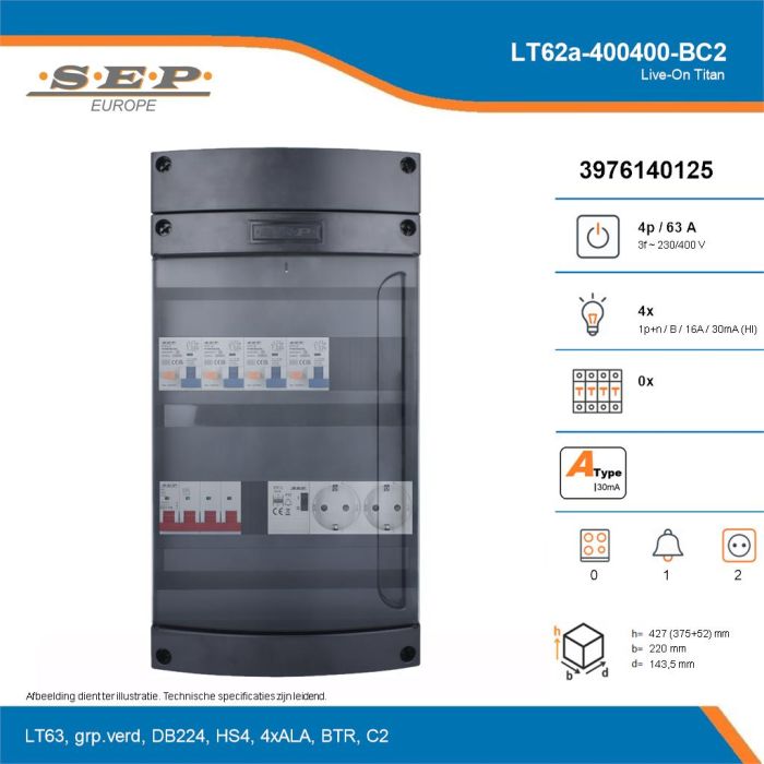 SEP Live-On Titan, LT62a-400400-BC2, 63A, 3-fase groepenkast, 4-lichtgroepen, 1-beltrafo,  2V-contactdoos, technische details