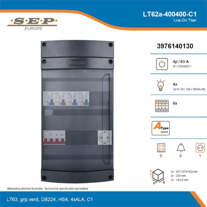 SEP Live-On Titan, LT62a-400400-C1, 63A, 3-fase groepenkast, 4-lichtgroepen,  1V-contactdoos, technische details