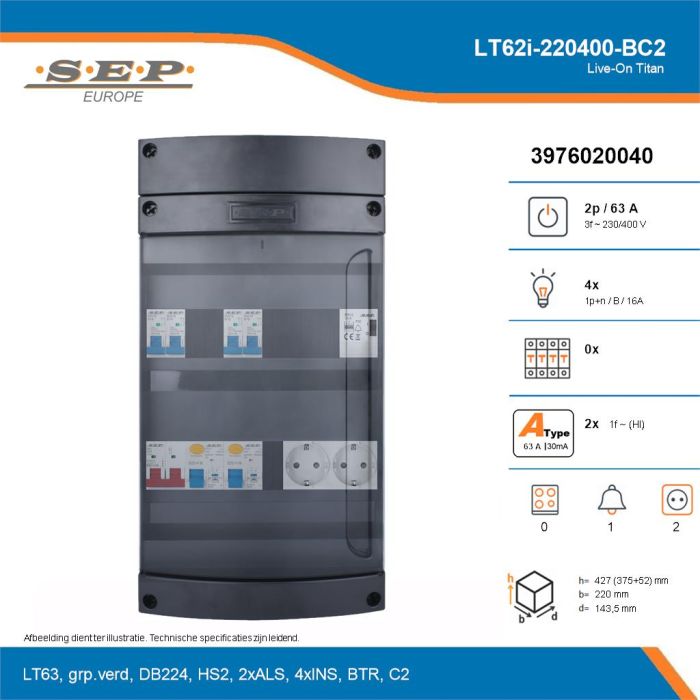 SEP Live-On Titan, LT62i-220400-BC2, 63A, 3-fase groepenkast, 4-lichtgroepen, 1-beltrafo,  2V-contactdoos, technische details
