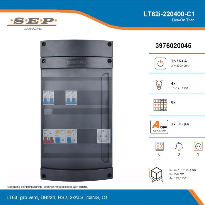 SEP Live-On Titan, LT62i-220400-C1, 63A, 3-fase groepenkast, 4-lichtgroepen,  1V-contactdoos, technische details