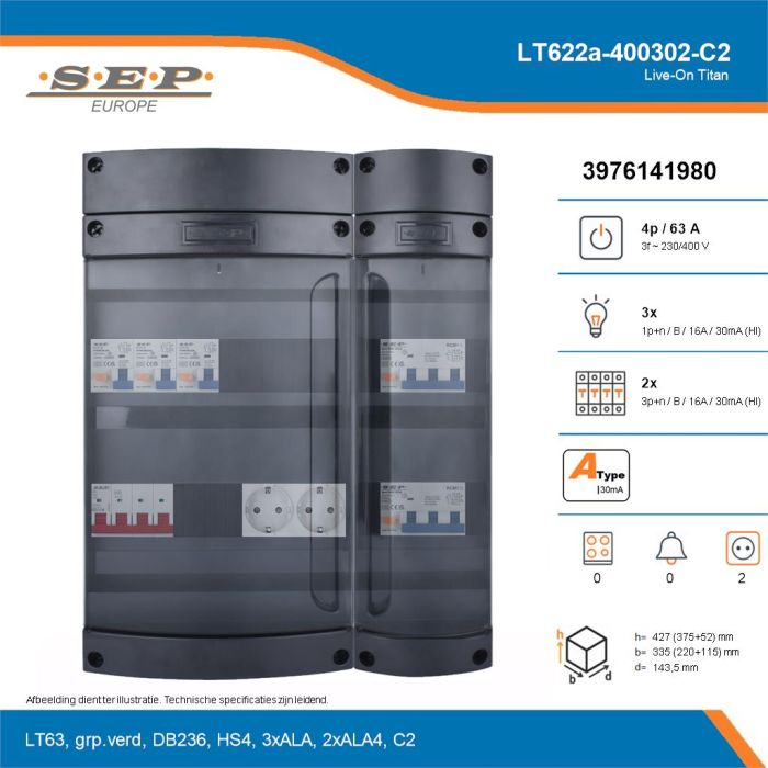 SEP Live-On Titan, LT622a-400302-C2, 63A, 3-fase groepenkast, 3-lichtgroepen, 2-krachtgroepen,  2V-contactdoos, technische details