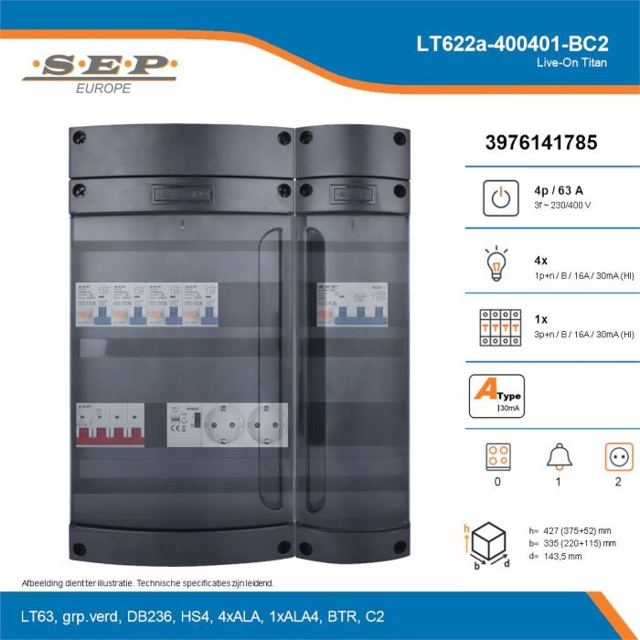 SEP Live-On Titan, LT622a-400401-BC2, 63A, 3-fase groepenkast, 4-lichtgroepen, 1-krachtgroepen, 1-beltrafo,  2V-contactdoos, technische details