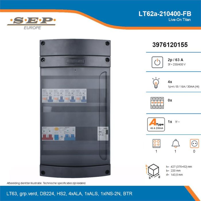 SEP Live-On Titan, LT62a-210400-FB, 63A, 3-fase groepenkast, 4-lichtgroepen, 1-fornuisgroep, 1-beltrafo, technische details