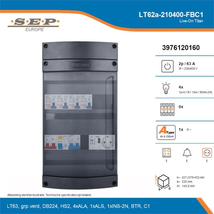 SEP Live-On Titan, LT62a-210400-FBC1, 63A, 3-fase groepenkast, 4-lichtgroepen, 1-fornuisgroep, 1-beltrafo,  1V-contactdoos, technische details