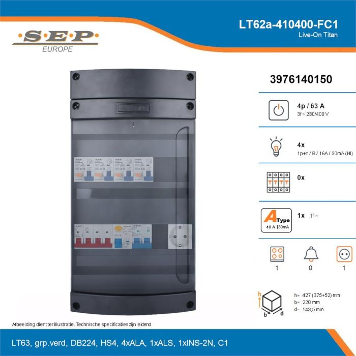 SEP Live-On Titan, LT62a-410400-FC1, 63A, 3-fase groepenkast, 4-lichtgroepen, 1-fornuisgroep,  1V-contactdoos, technische details