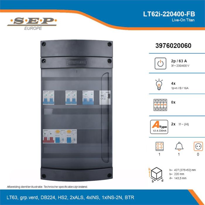 SEP Live-On Titan, LT62i-220400-FB, 63A, 3-fase groepenkast, 4-lichtgroepen, 1-fornuisgroep, 1-beltrafo, technische details