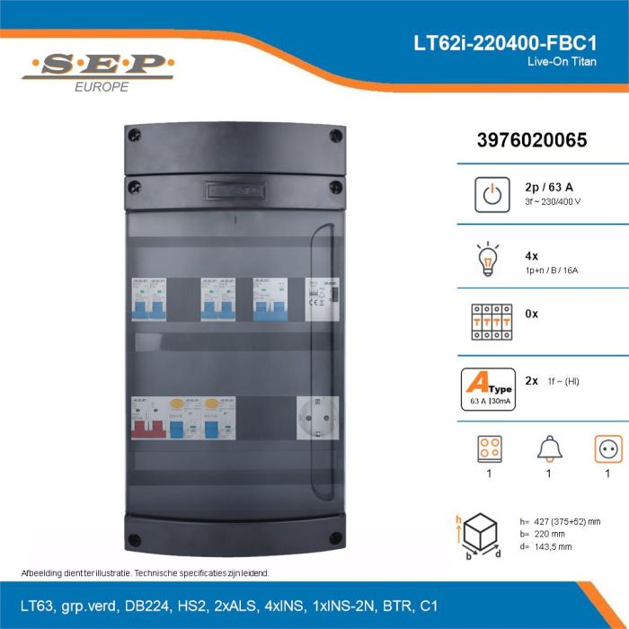 SEP Live-On Titan, LT62i-220400-FBC1, 63A, 3-fase groepenkast, 4-lichtgroepen, 1-fornuisgroep, 1-beltrafo,  1V-contactdoos, technische details
