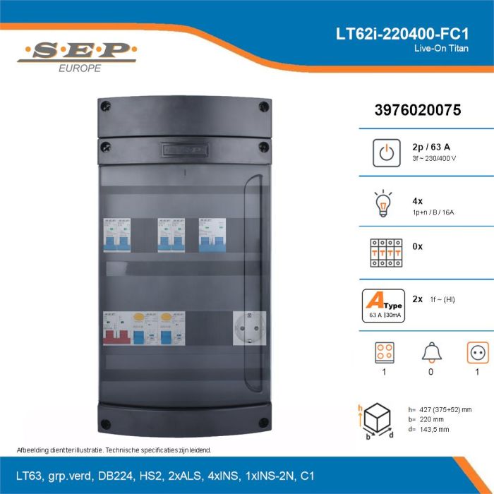 SEP Live-On Titan, LT62i-220400-FC1, 63A, 3-fase groepenkast, 4-lichtgroepen, 1-fornuisgroep,  1V-contactdoos, technische details
