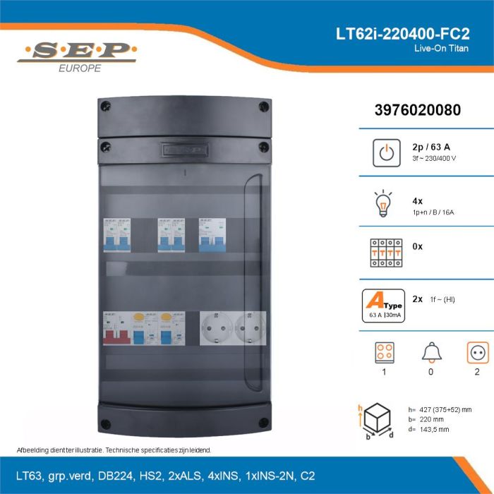 SEP Live-On Titan, LT62i-220400-FC2, 63A, 3-fase groepenkast, 4-lichtgroepen, 1-fornuisgroep,  2V-contactdoos, technische details