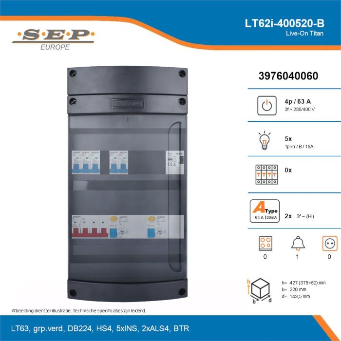 SEP Live-On Titan, LT62i-400520-B, 63A, 3-fase groepenkast, 5-lichtgroepen, 1-beltrafo, technische details
