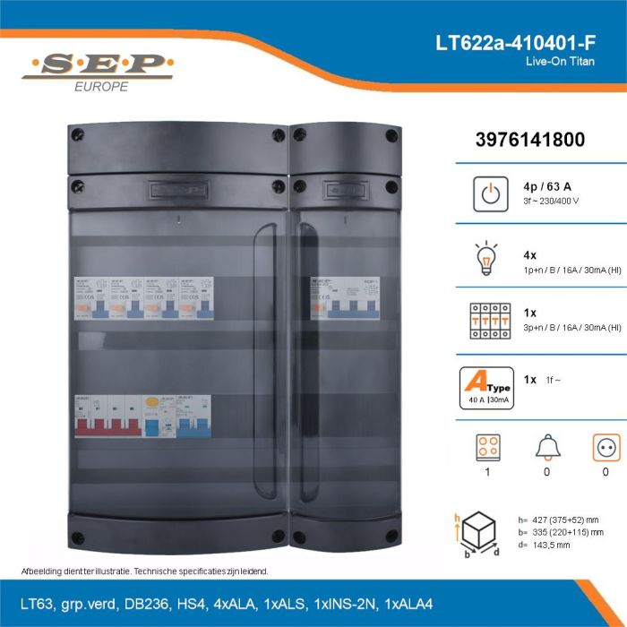 SEP Live-On Titan, LT622a-410401-F, 63A, 3-fase groepenkast, 4-lichtgroepen, 1-krachtgroepen, 1-fornuisgroep, technische details