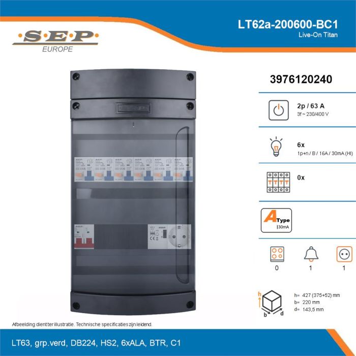 SEP Live-On Titan, LT62a-200600-BC1, 63A, 3-fase groepenkast, 6-lichtgroepen, 1-beltrafo,  1V-contactdoos, technische details