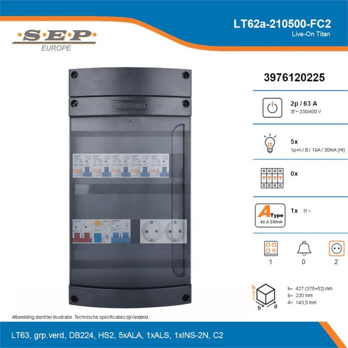 SEP Live-On Titan, LT62a-210500-FC2, 63A, 3-fase groepenkast, 5-lichtgroepen, 1-fornuisgroep,  2V-contactdoos, technische details