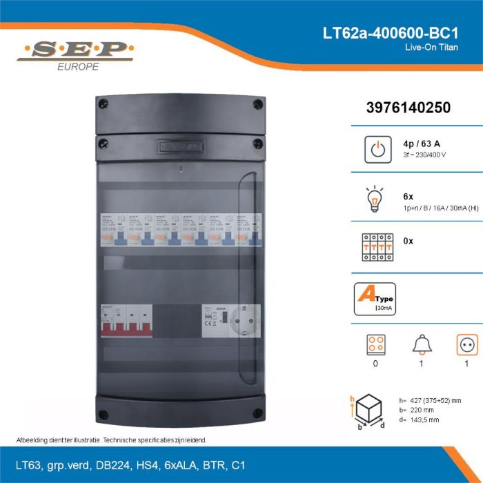 SEP Live-On Titan, LT62a-400600-BC1, 63A, 3-fase groepenkast, 6-lichtgroepen, 1-beltrafo,  1V-contactdoos, technische details