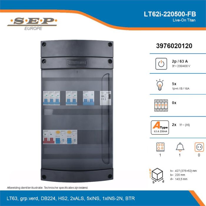 SEP Live-On Titan, LT62i-220500-FB, 63A, 3-fase groepenkast, 5-lichtgroepen, 1-fornuisgroep, 1-beltrafo, technische details