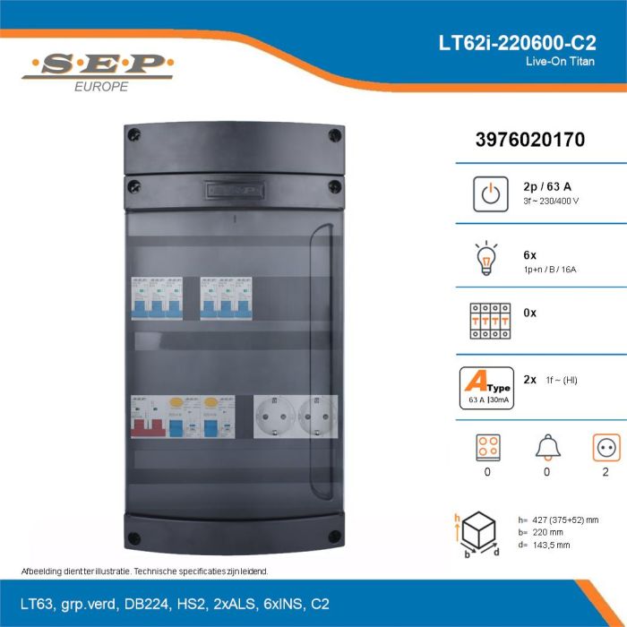 SEP Live-On Titan, LT62i-220600-C2, 63A, 3-fase groepenkast, 6-lichtgroepen,  2V-contactdoos, technische details