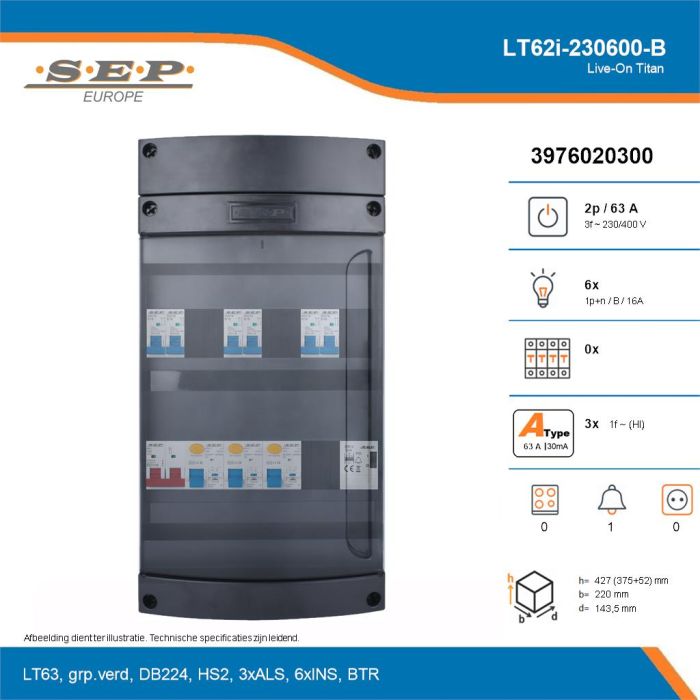 SEP Live-On Titan, LT62i-230600-B, 63A, 3-fase groepenkast, 6-lichtgroepen, 1-beltrafo, technische details