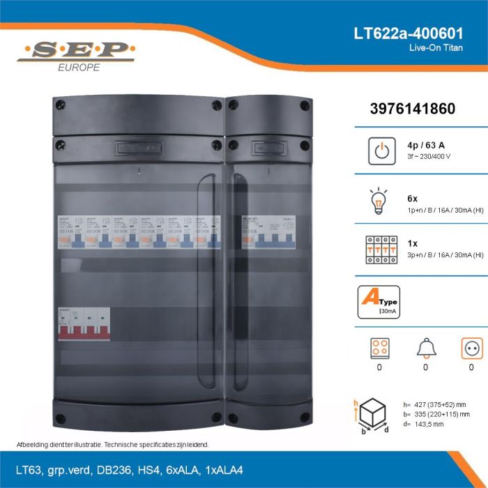 SEP Live-On Titan, LT622a-400601, 63A, 3-fase groepenkast, 6-lichtgroepen, 1-krachtgroepen, technische details