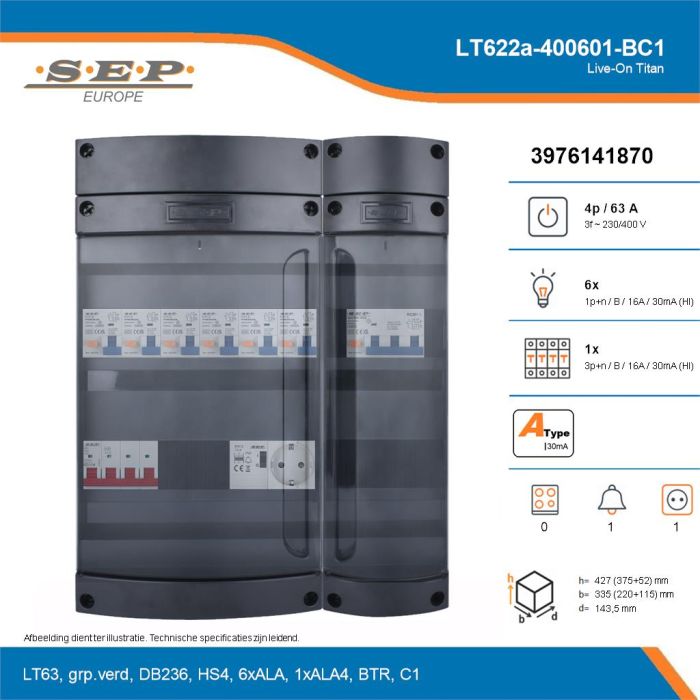 SEP Live-On Titan, LT622a-400601-BC1, 63A, 3-fase groepenkast, 6-lichtgroepen, 1-krachtgroepen, 1-beltrafo,  1V-contactdoos, technische details