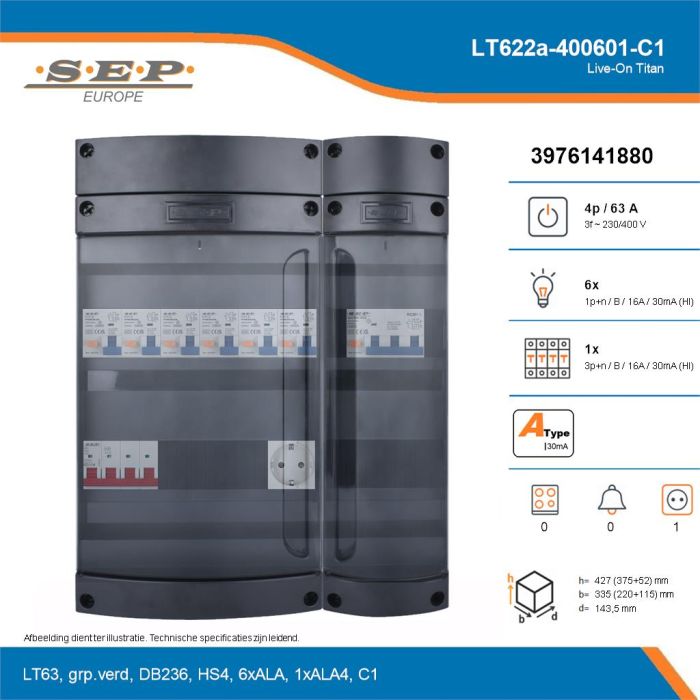 SEP Live-On Titan, LT622a-400601-C1, 63A, 3-fase groepenkast, 6-lichtgroepen, 1-krachtgroepen,  1V-contactdoos, technische details