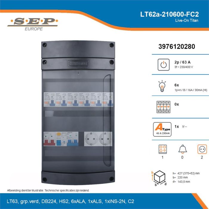 SEP Live-On Titan, LT62a-210600-FC2, 63A, 3-fase groepenkast, 6-lichtgroepen, 1-fornuisgroep,  2V-contactdoos, technische details