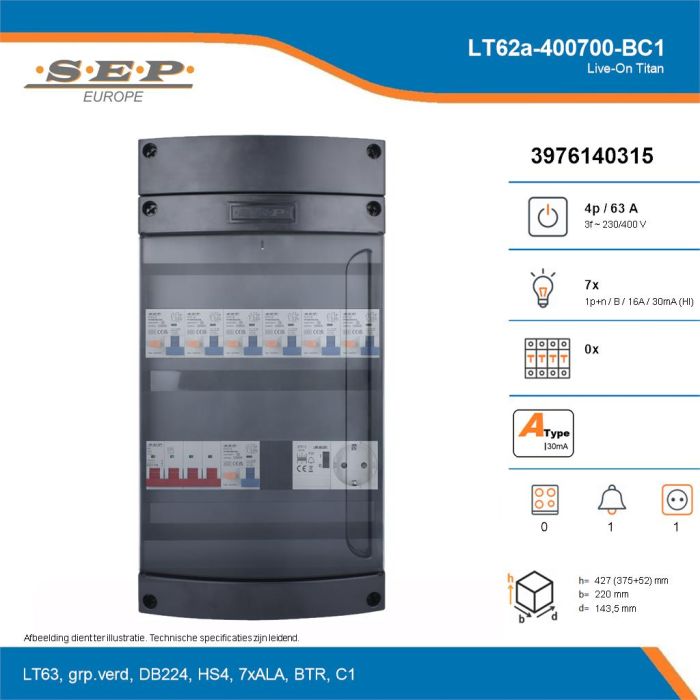SEP Live-On Titan, LT62a-400700-BC1, 63A, 3-fase groepenkast, 7-lichtgroepen, 1-beltrafo,  1V-contactdoos, technische details
