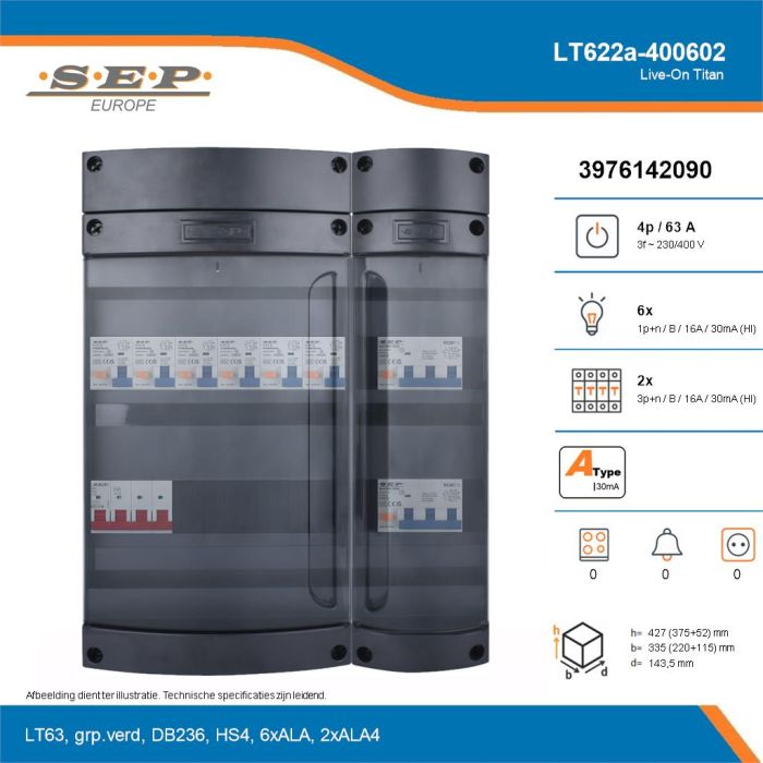 SEP Live-On Titan, LT622a-400602, 63A, 3-fase groepenkast, 6-lichtgroepen, 2-krachtgroepen, technische details