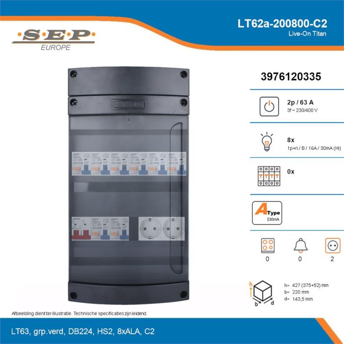 SEP Live-On Titan, LT62a-200800-C2, 63A, 3-fase groepenkast, 8-lichtgroepen,  2V-contactdoos, technische details