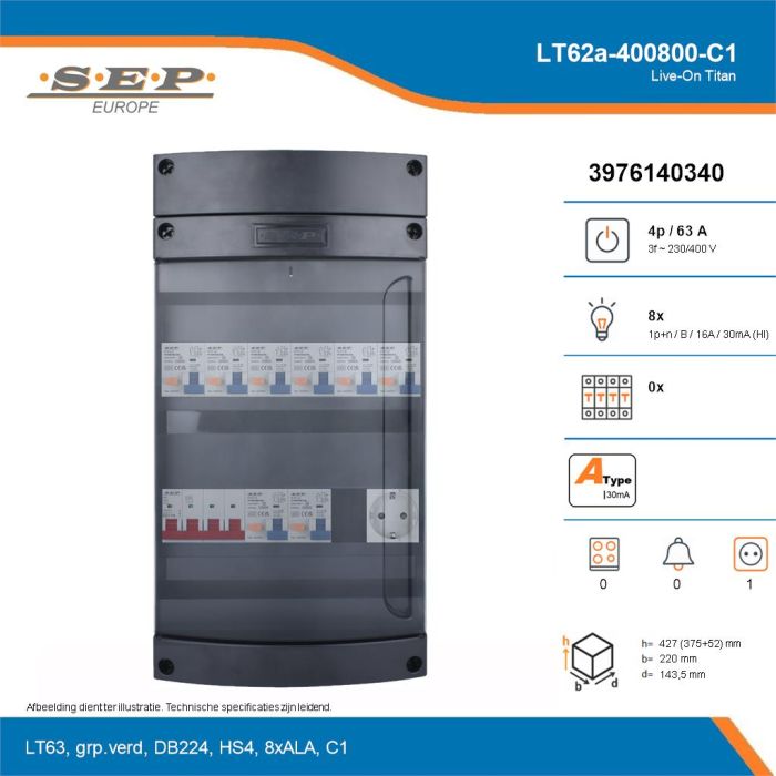 SEP Live-On Titan, LT62a-400800-C1, 63A, 3-fase groepenkast, 8-lichtgroepen,  1V-contactdoos, technische details