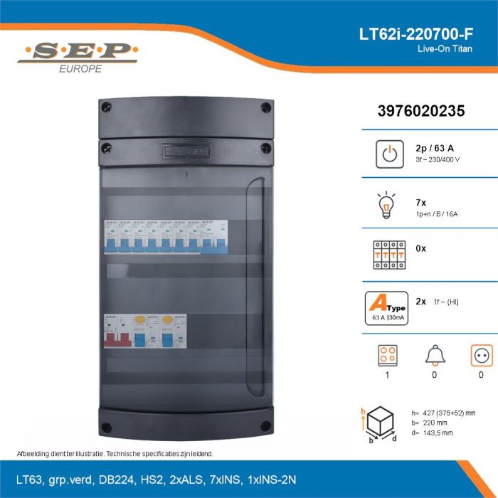 SEP Live-On Titan, LT62i-220700-F, 63A, 3-fase groepenkast, 7-lichtgroepen, 1-fornuisgroep, technische details