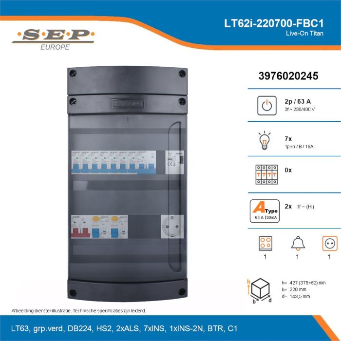 SEP Live-On Titan, LT62i-220700-FBC1, 63A, 3-fase groepenkast, 7-lichtgroepen, 1-fornuisgroep, 1-beltrafo,  1V-contactdoos, technische details