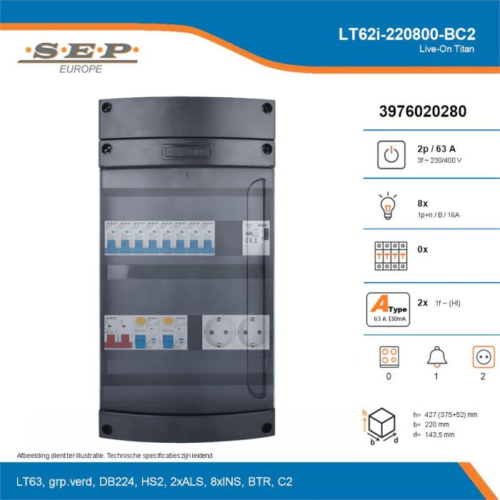SEP Live-On Titan, LT62i-220800-BC2, 63A, 3-fase groepenkast, 8-lichtgroepen, 1-beltrafo,  2V-contactdoos, technische details