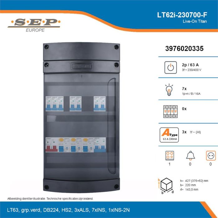 SEP Live-On Titan, LT62i-230700-F, 63A, 3-fase groepenkast, 7-lichtgroepen, 1-fornuisgroep, technische details