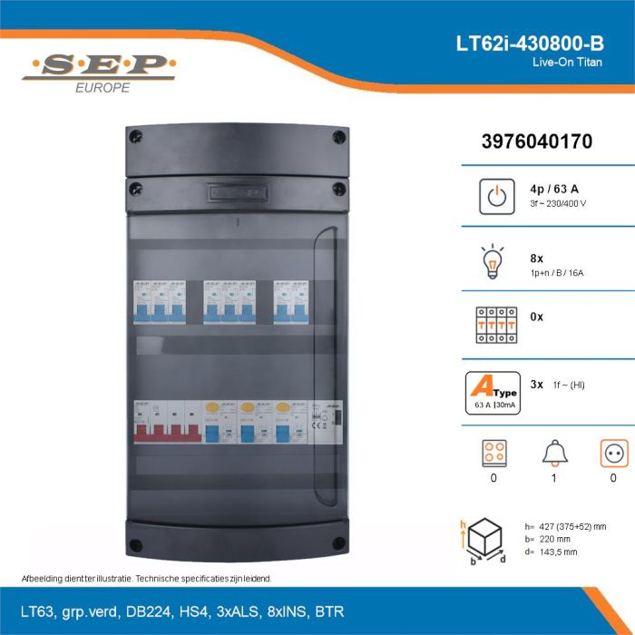 SEP Live-On Titan, LT62i-430800-B, 63A, 3-fase groepenkast, 8-lichtgroepen, 1-beltrafo, technische details