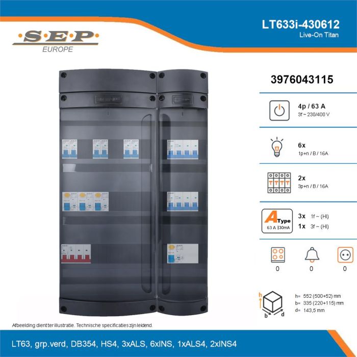 SEP Live-On Titan, LT633i-430612, 63A, 3-fase groepenkast, 6-lichtgroepen, 2-krachtgroepen, technische details