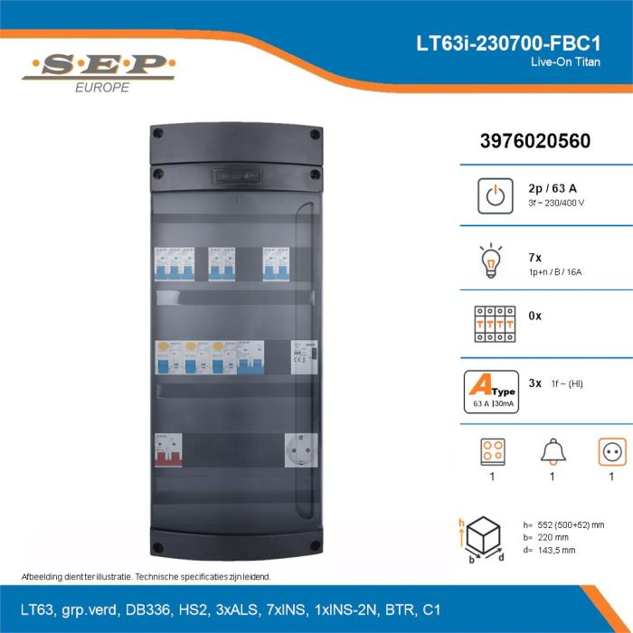 SEP Live-On Titan, LT63i-230700-FBC1, 63A, 3-fase groepenkast, 7-lichtgroepen, 1-fornuisgroep, 1-beltrafo,  1V-contactdoos, technische details