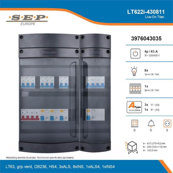 SEP Live-On Titan, LT622i-430811, 63A, 3-fase groepenkast, 8-lichtgroepen, 1-krachtgroepen, technische details