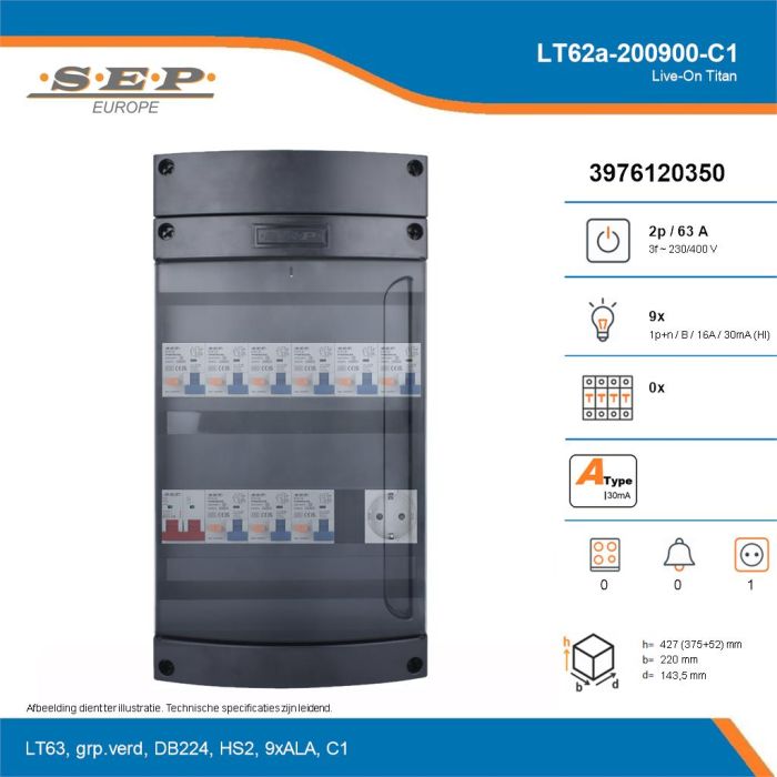 SEP Live-On Titan, LT62a-200900-C1, 63A, 3-fase groepenkast, 9-lichtgroepen,  1V-contactdoos, technische details