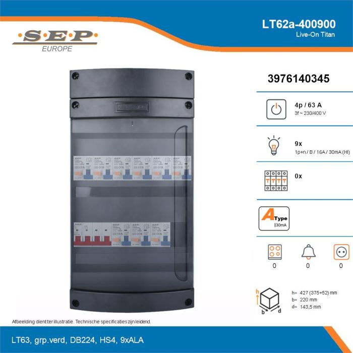 SEP Live-On Titan, LT62a-400900, 63A, 3-fase groepenkast, 9-lichtgroepen, technische details