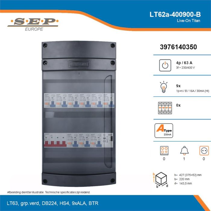 SEP Live-On Titan, LT62a-400900-B, 63A, 3-fase groepenkast, 9-lichtgroepen, 1-beltrafo, technische details