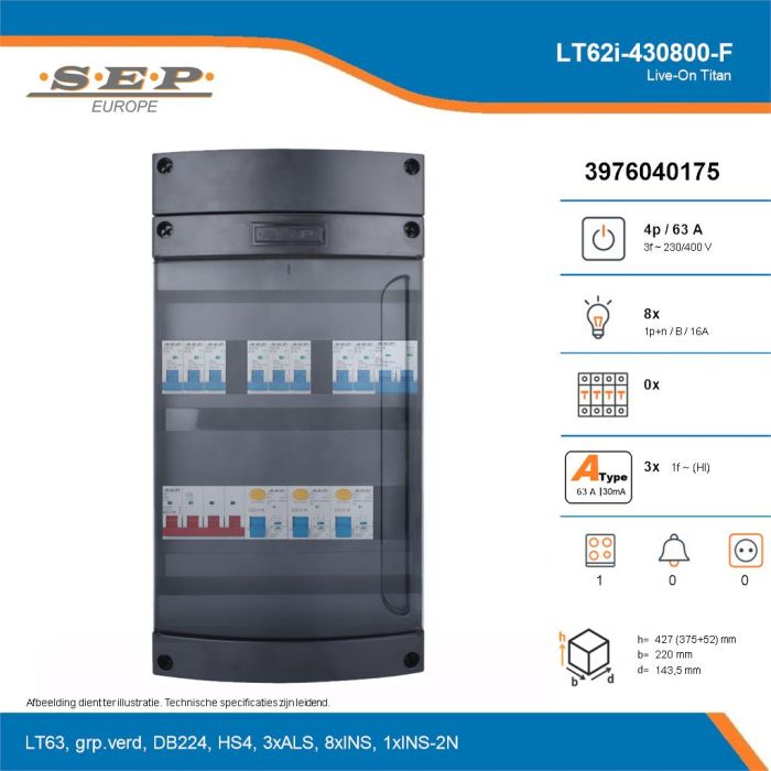 SEP Live-On Titan, LT62i-430800-F, 63A, 3-fase groepenkast, 8-lichtgroepen, 1-fornuisgroep, technische details